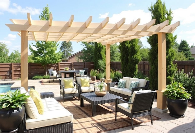 a patio with a pergola and a table with chairs and a table with a view of the backyard