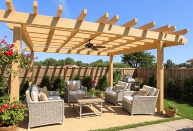 a patio with a pergola that has a lot of chairs and a table with chairs and a table with chairs