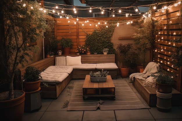 Patio with potted plants string lights and cozy seating