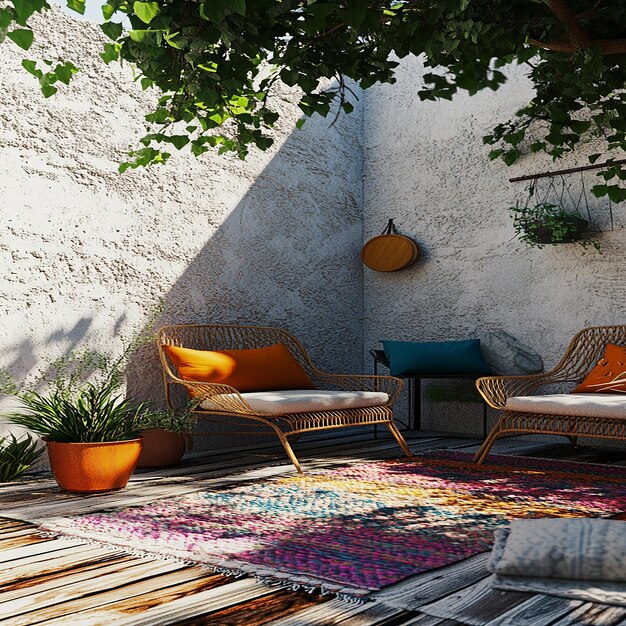 Photo a patio with a rug and some orange pots with the word quot on it