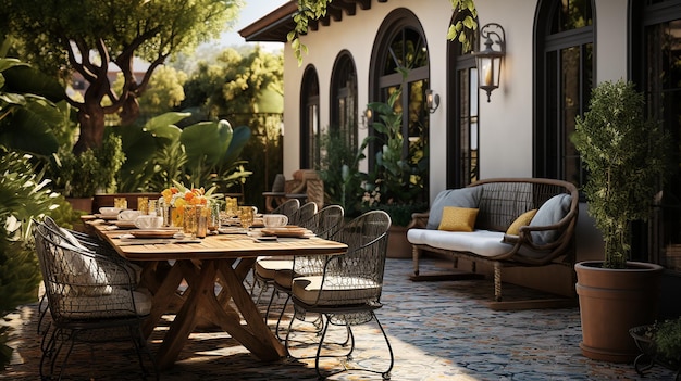 Photo a patio with a table and chairs and a lamp that says  the home of the company