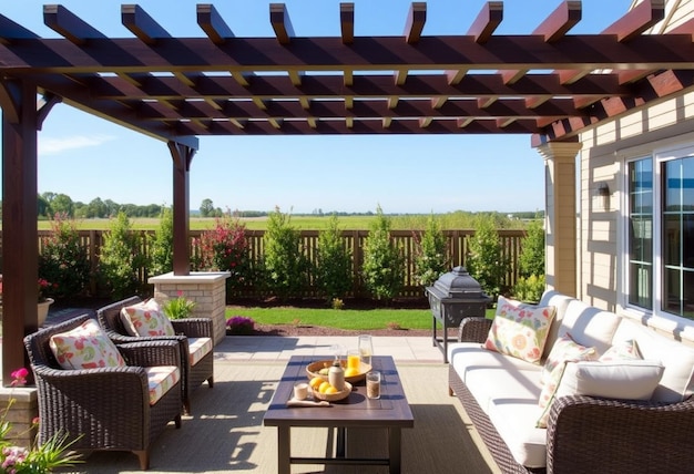 a patio with a table and chairs and a sky background