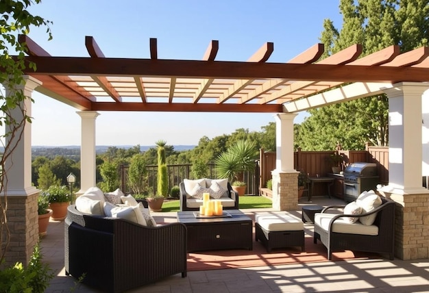 a patio with a table and chairs and a sky background