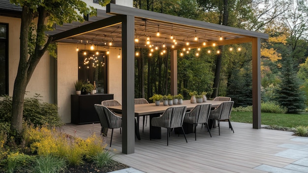 a patio with a table and chairs and a table with chairs and lights