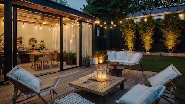 a patio with a table and chairs and a table with a light on it