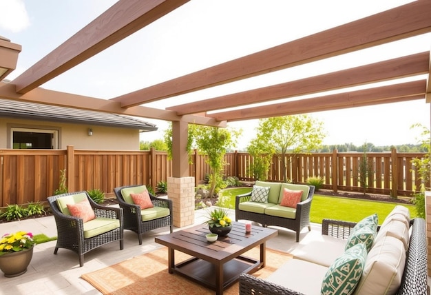 a patio with a table and chairs and a table with a plant on it