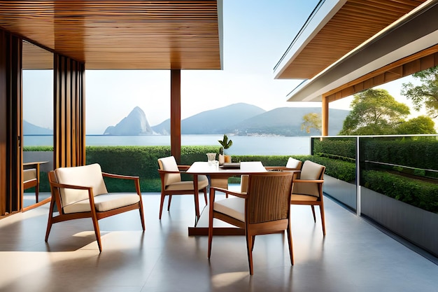 A patio with a table and chairs and a view of the ocean.