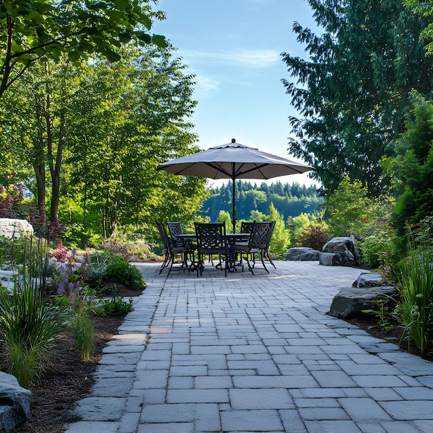 Photo a patio with a table and umbrella that says quot the word quot on it