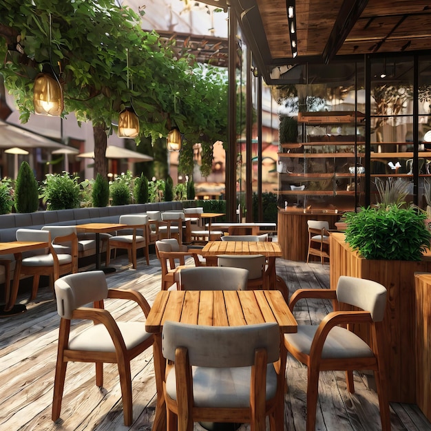 a patio with tables and umbrellas that say the word on it