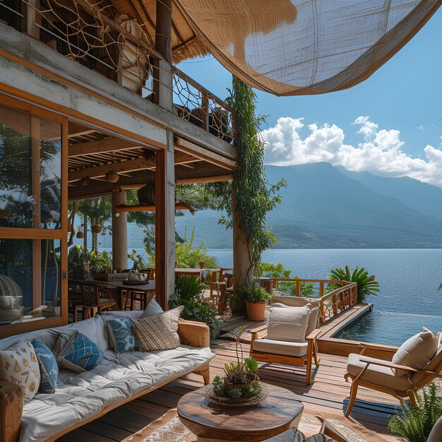 A patio with a view of a lake