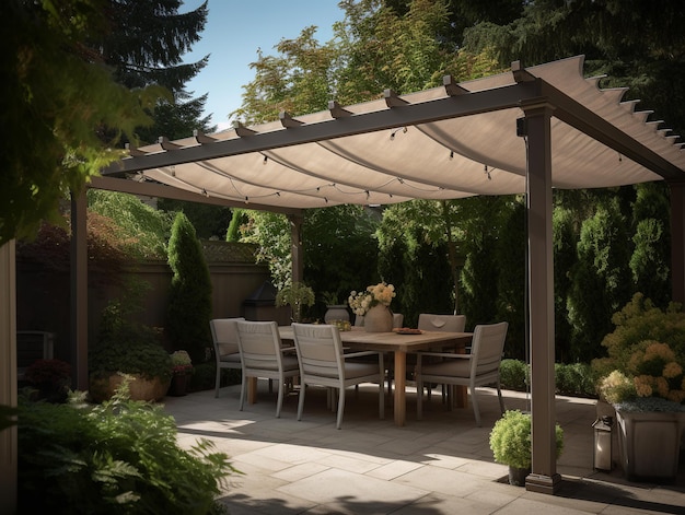 A patio with a white pergola and a table with chairs.