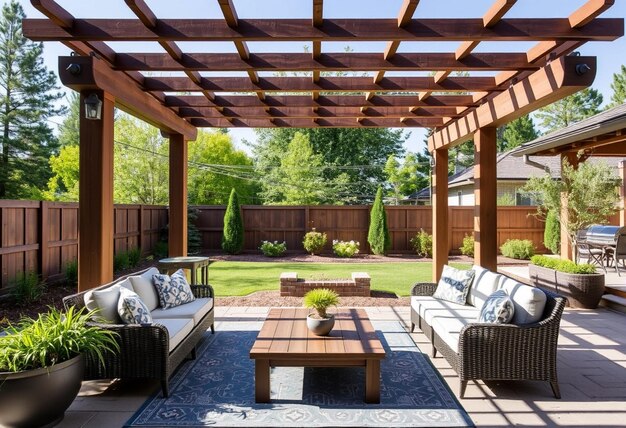 Photo a patio with a wooden roof that has a lot of furniture and a table with chairs and a planter