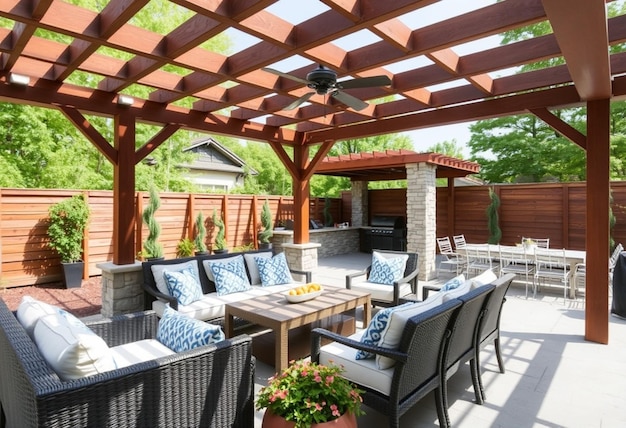 a patio with a wooden roof that has a lot of seating