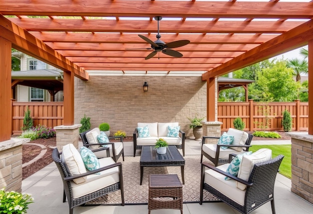 a patio with a wooden roof that has a lot of seating