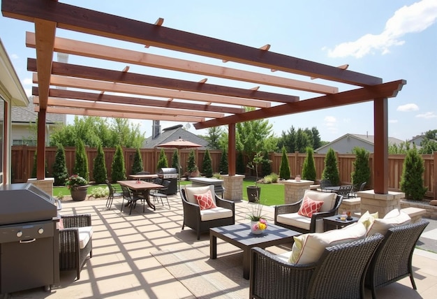 a patio with a wooden roof that has a lot of seating