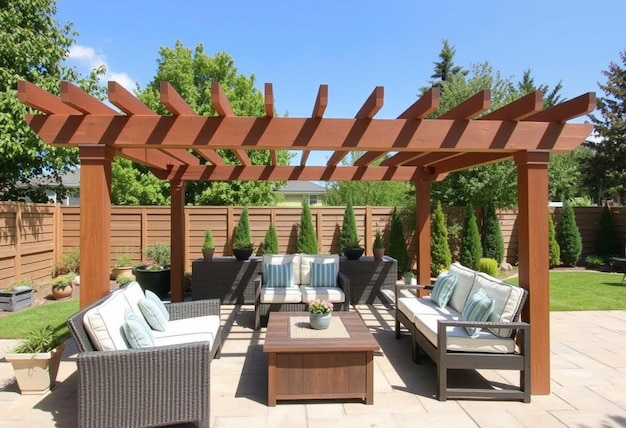 a patio with a wooden roof that has a lot of seating