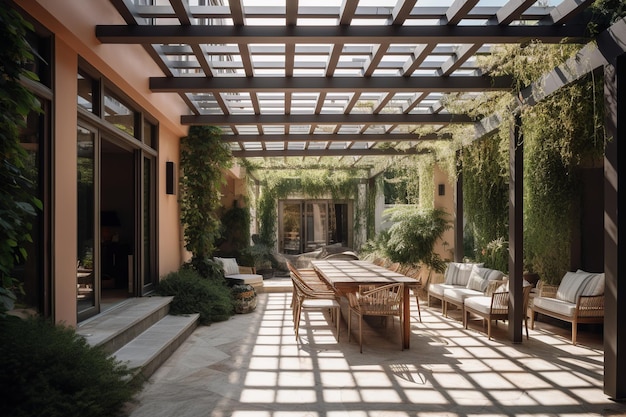 A patio with a wooden table and chairs in front of a large glass door.