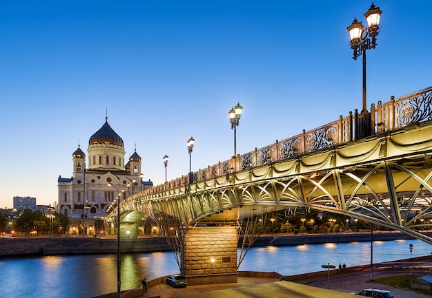 Patriarshy Bridge and Cathedral of Christ the Savior in evening Moscow Russia