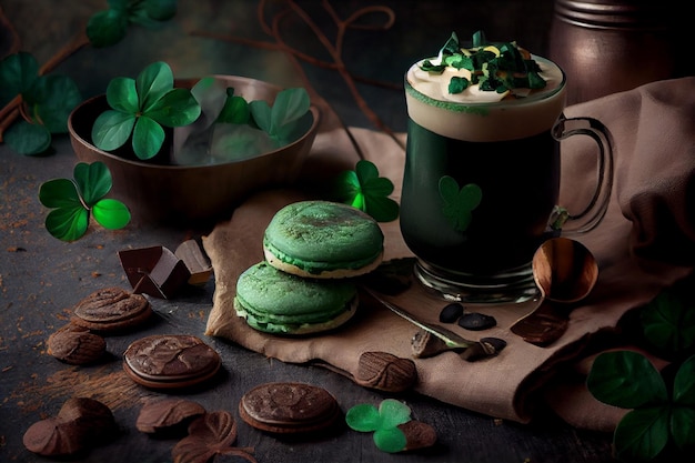 Patricks day celebration with green drink on black and green background AI Generated