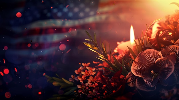 Photo patriot day memorial banner with wreath eternal flame and american flag at halfmast