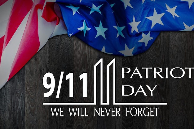 Photo patriot day september 11 9 usa banner - united states flag, 911 memorial and never forget lettering on background. high quality photo