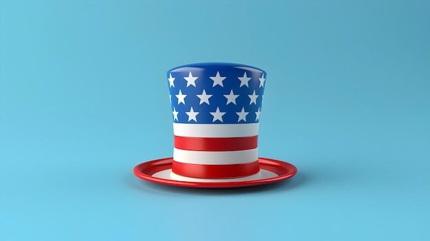 Patriotic 3D Rendering of American Flag Top Hat on Blue Background