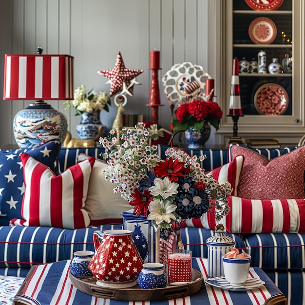 Photo patriotic 4th of july decor with red white and bluehighly detailes 8k