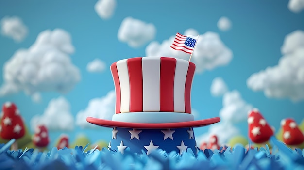 Patriotic American Flag Top Hat Cartoon Character in Style