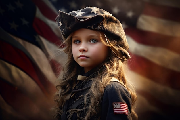 Patriotic American military kid girl near flag Person uniform Generate Ai