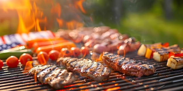 Patriotic Backyard BBQ with Grilled Meats Veggies and American Flag Decorations Concept Patriotic Celebration Backyard BBQ Grilled Meats Veggies American Flag Decorations