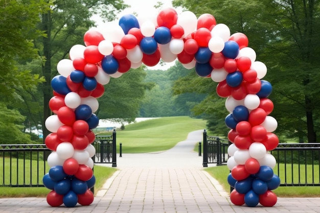 Patriotic balloon arch in a park with red white and blue colors Generative AI