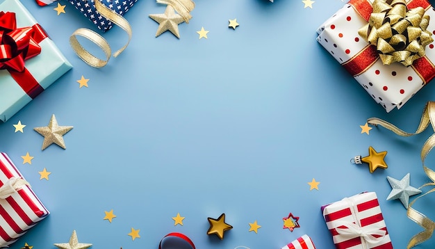 Patriotic Blue Background with American Flag Ribbons and Gifts Flat Lay with Copy Space