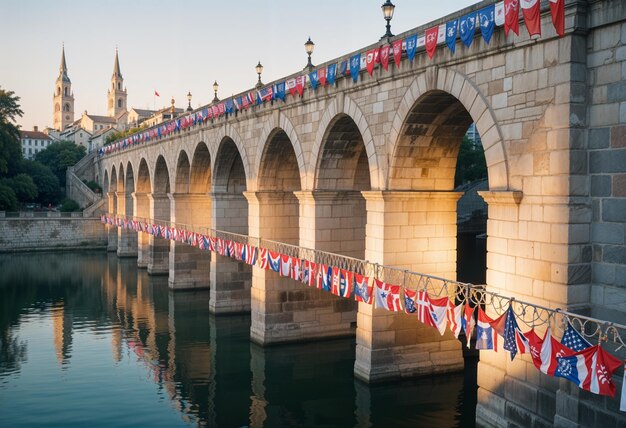 Patriotic Bridge with City Skyline Background