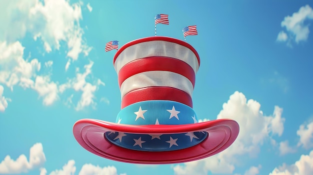 Patriotic Cartoon Character in American Flag Top Hat with Dual Flags on Blue Sky Background