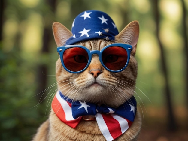 A patriotic cat poses in sunglasses