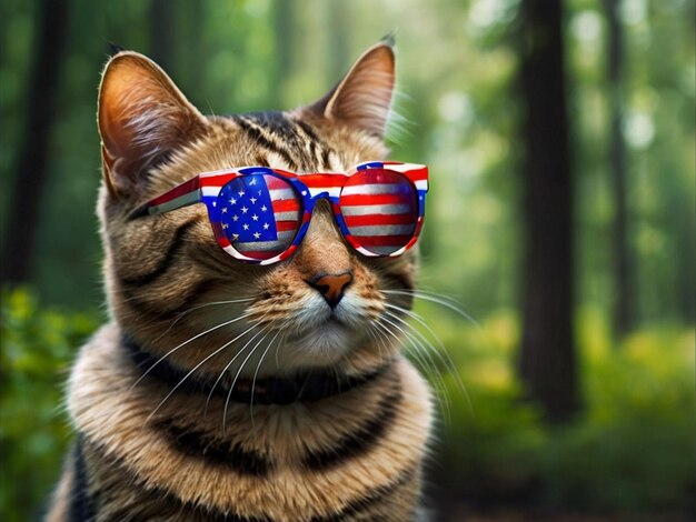 A patriotic cat poses in sunglasses