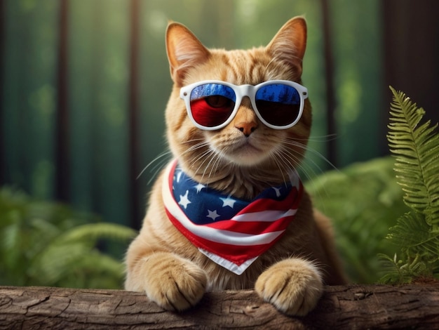 A patriotic cat poses in sunglasses