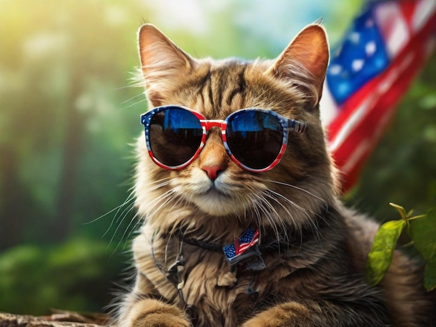 A patriotic cat poses in sunglasses