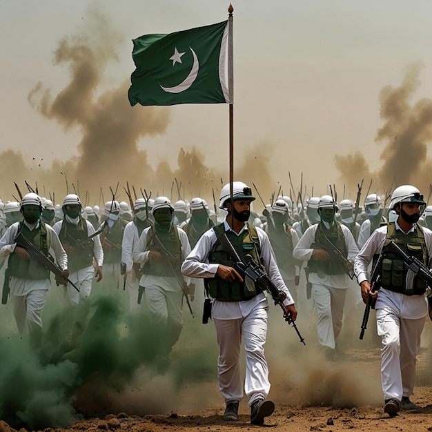 Photo patriotic defence day tribute with battlefield soldier silhouettes and urdu slogan