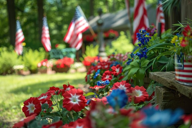 Photo patriotic display featuring red white and blue decorations with flags and flowers