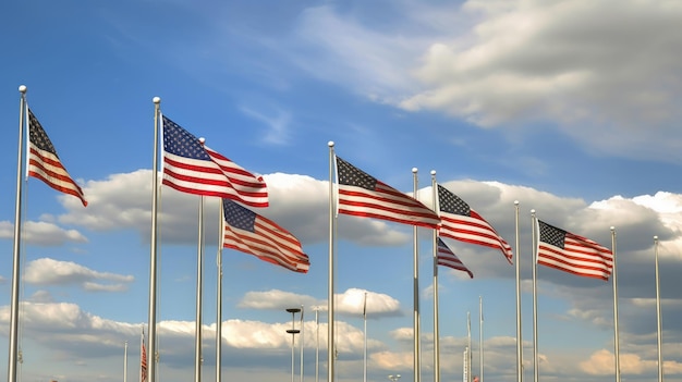 Patriotic display with a row of American flags waving in the win