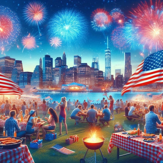 A patriotic fireworks display over a city skyline with American flags waving in the