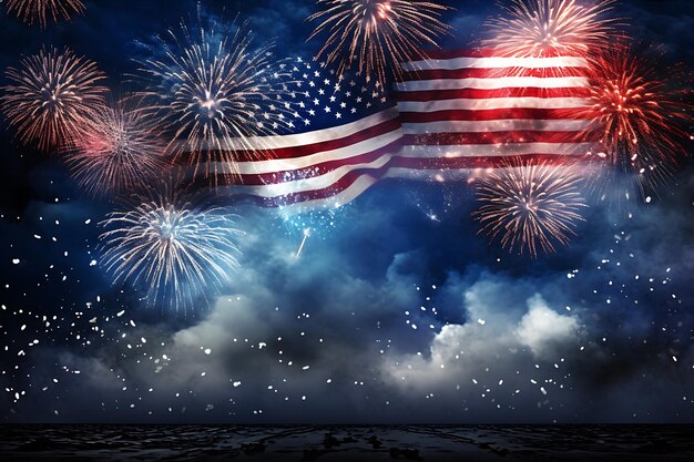 Patriotic fourth of july background with american flags and fireworks