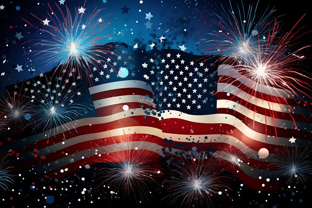 Patriotic fourth of july background with american flags and fireworks