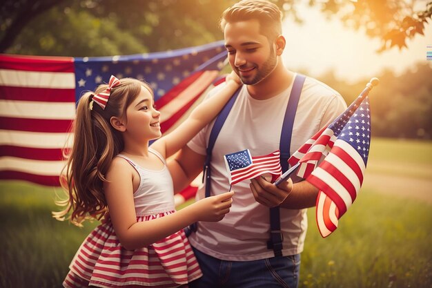 Patriotic holiday father and daughter child girl with American flag outdoors USA celebrate 4th of July