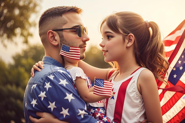 Patriotic holiday father and daughter child girl with American flag outdoors USA celebrate 4th of July