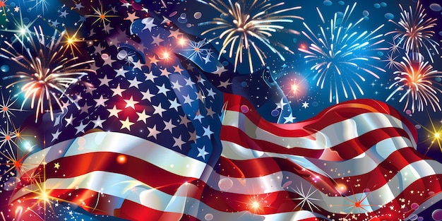 A patriotic image of the American flag with fireworks in the background