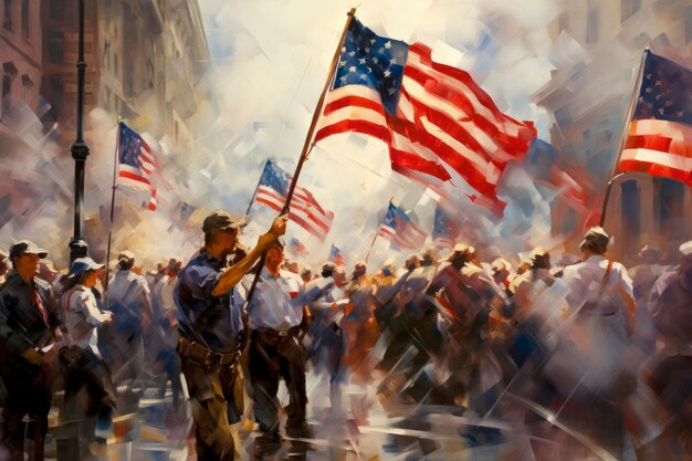 A patriotic parade with people waving flags of their nation