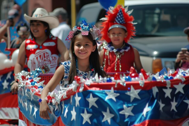 Photo patriotic parade with young performers and flags