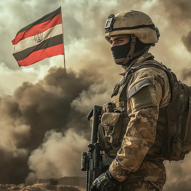 Photo patriotic soldier holding machine gun with national flag in hand